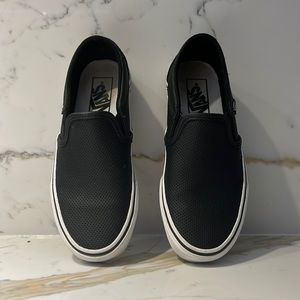 Perforated black leather Vans slip-ons. Women’s size 6